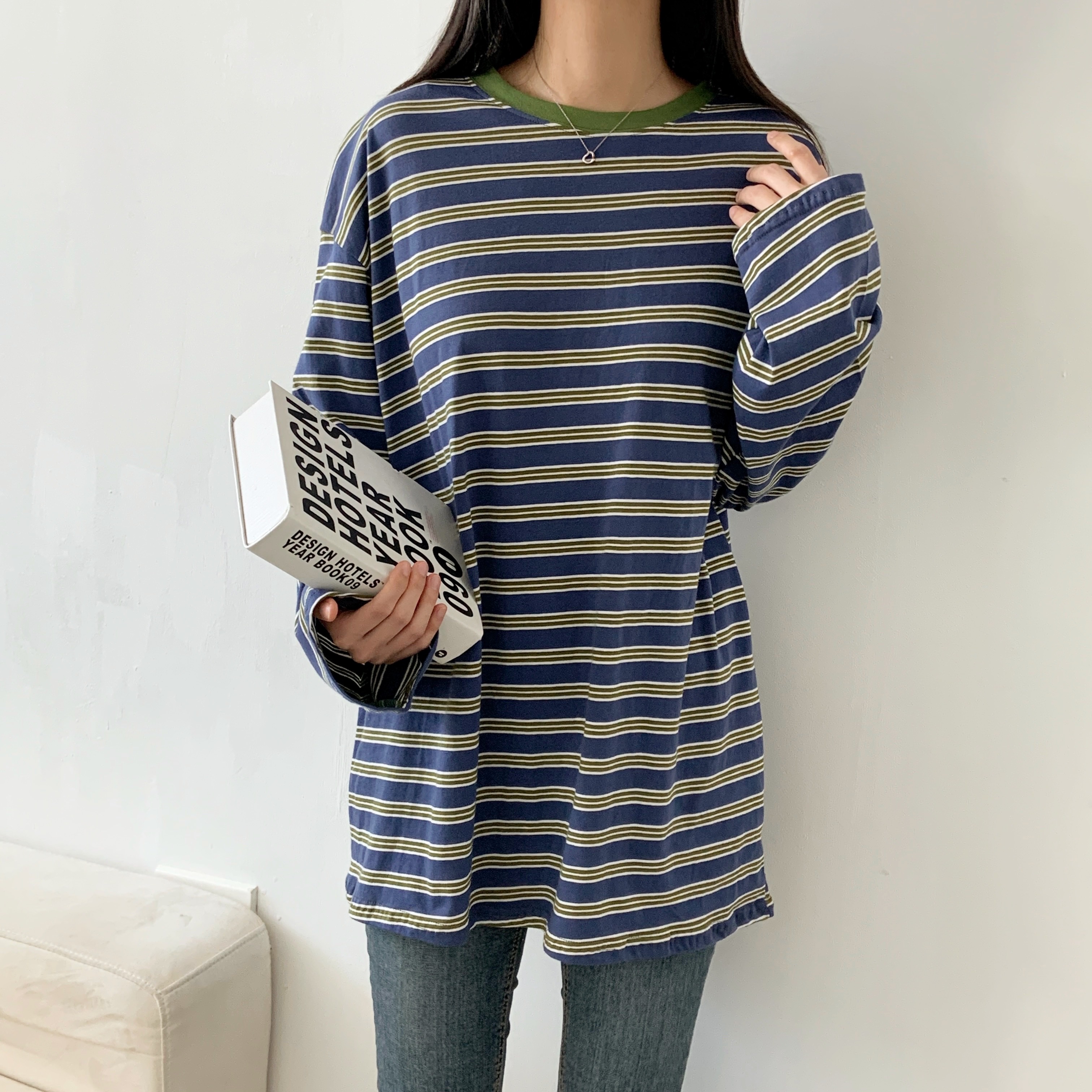 コットンラウンドネックボクシーボーダー配色Tシャツ | 詳細画像7