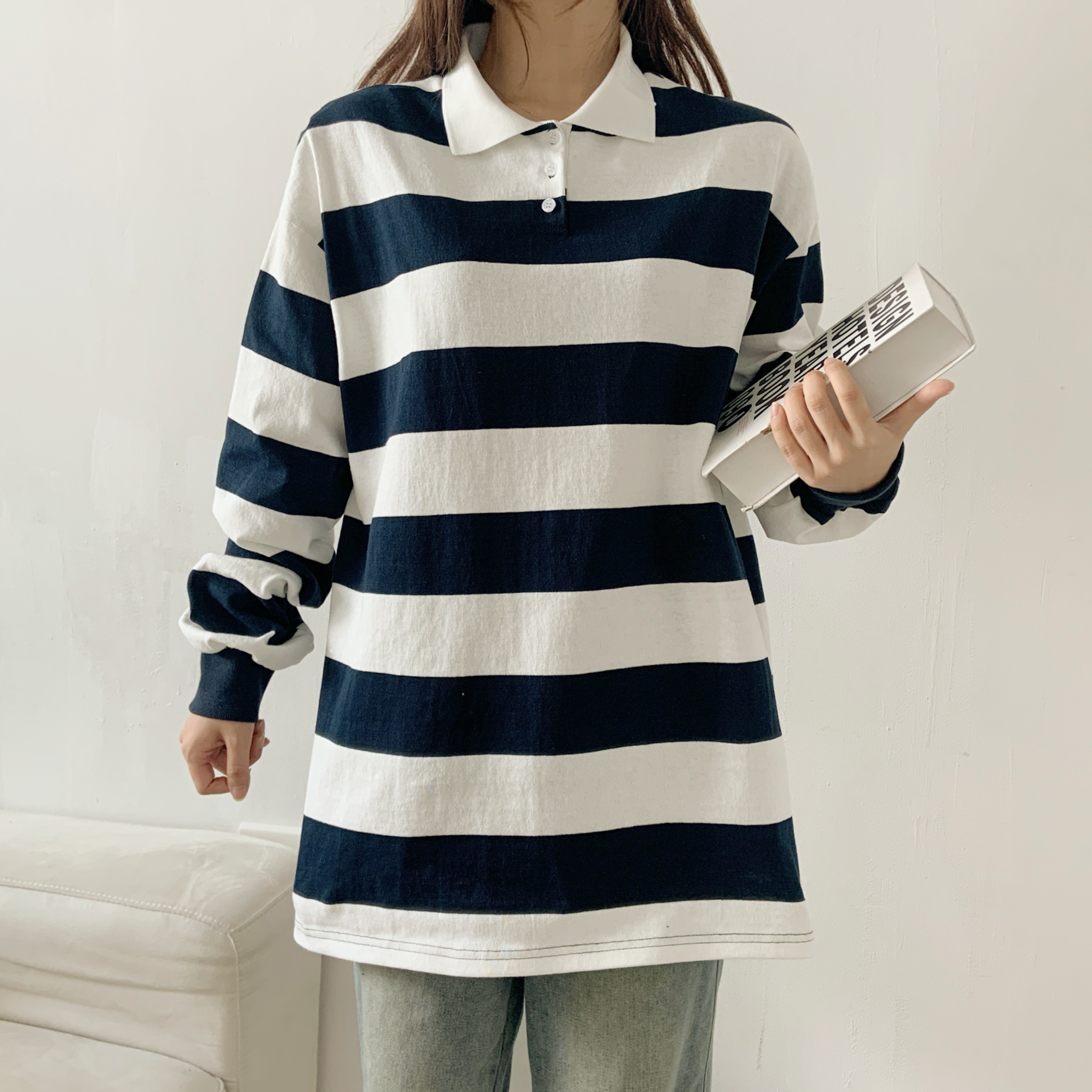コットンカラーボクシーボーダーポロカラーTシャツ | 詳細画像9