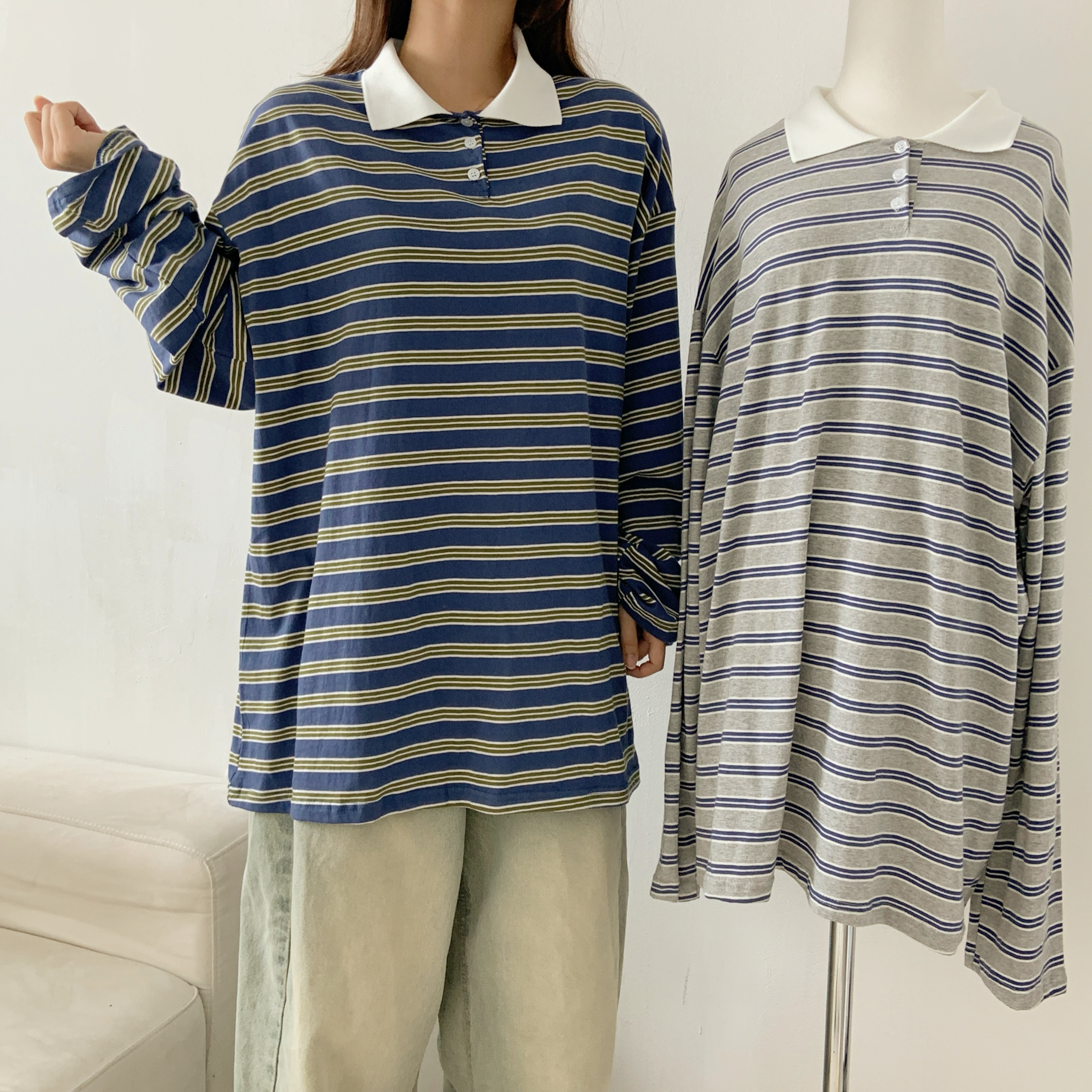 ボタンカラーボクシーボーダー配色ポロカラーTシャツ | 詳細画像3