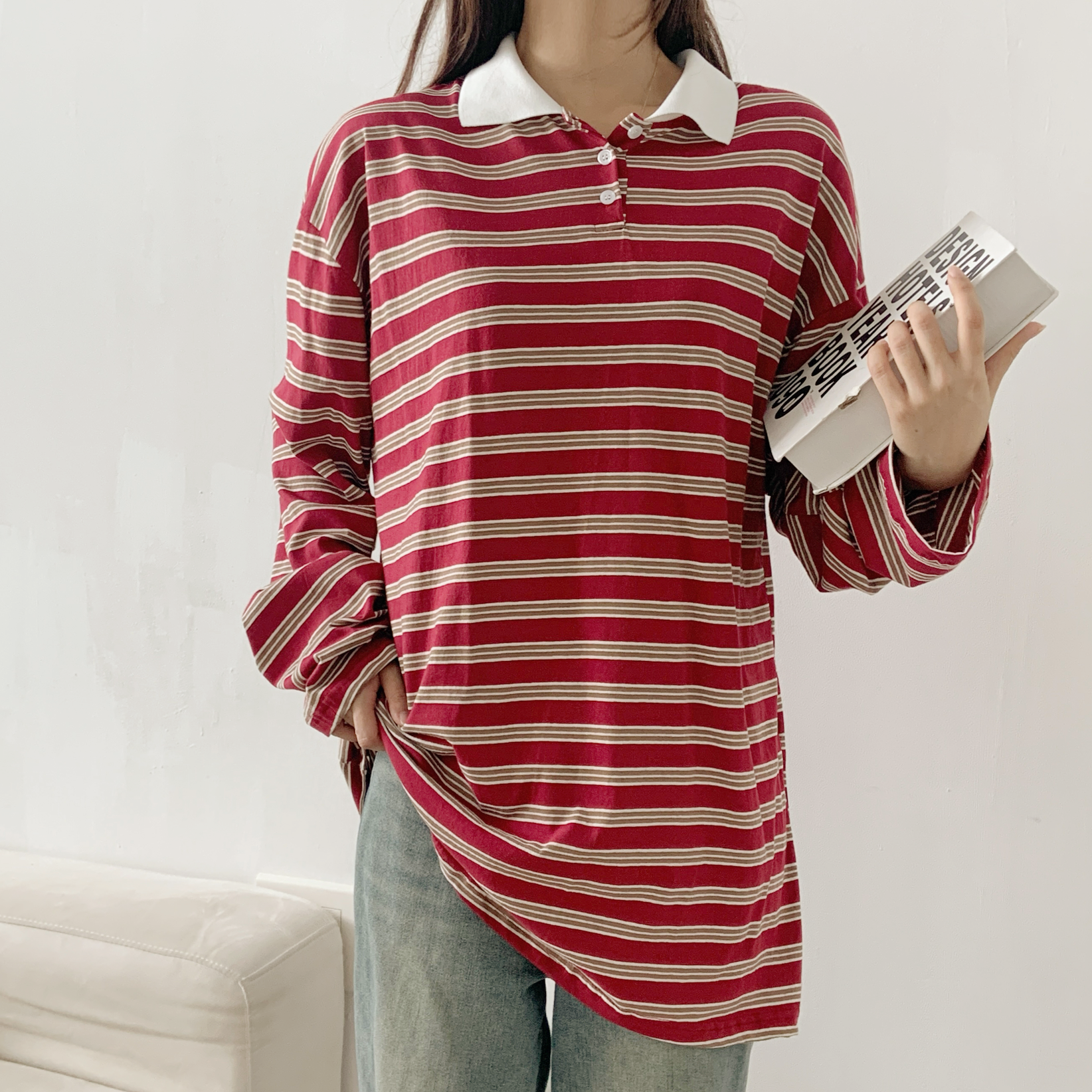 ボタンカラーボクシーボーダー配色ポロカラーTシャツ | 詳細画像4