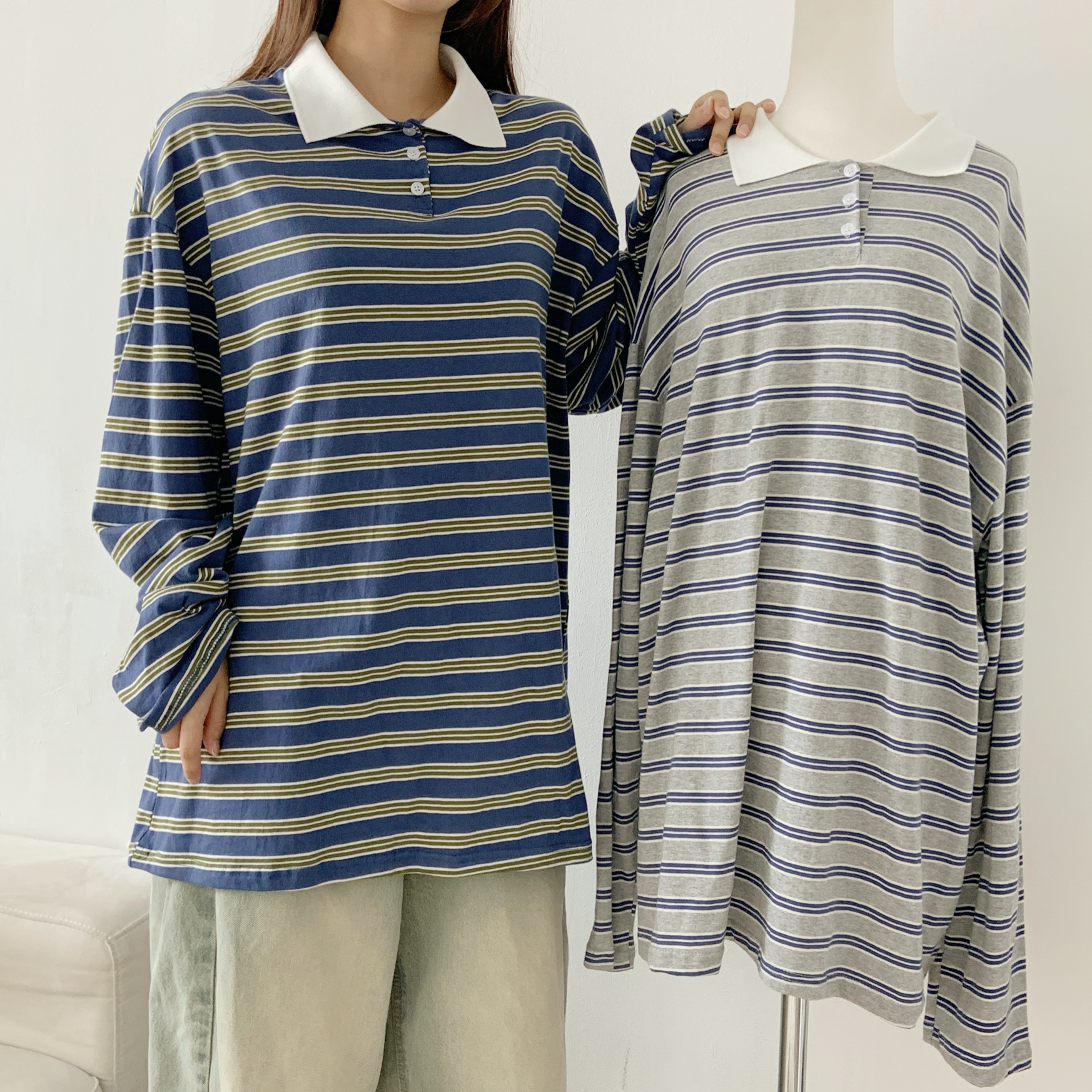 ボタンカラーボクシーボーダー配色ポロカラーTシャツ | 詳細画像7