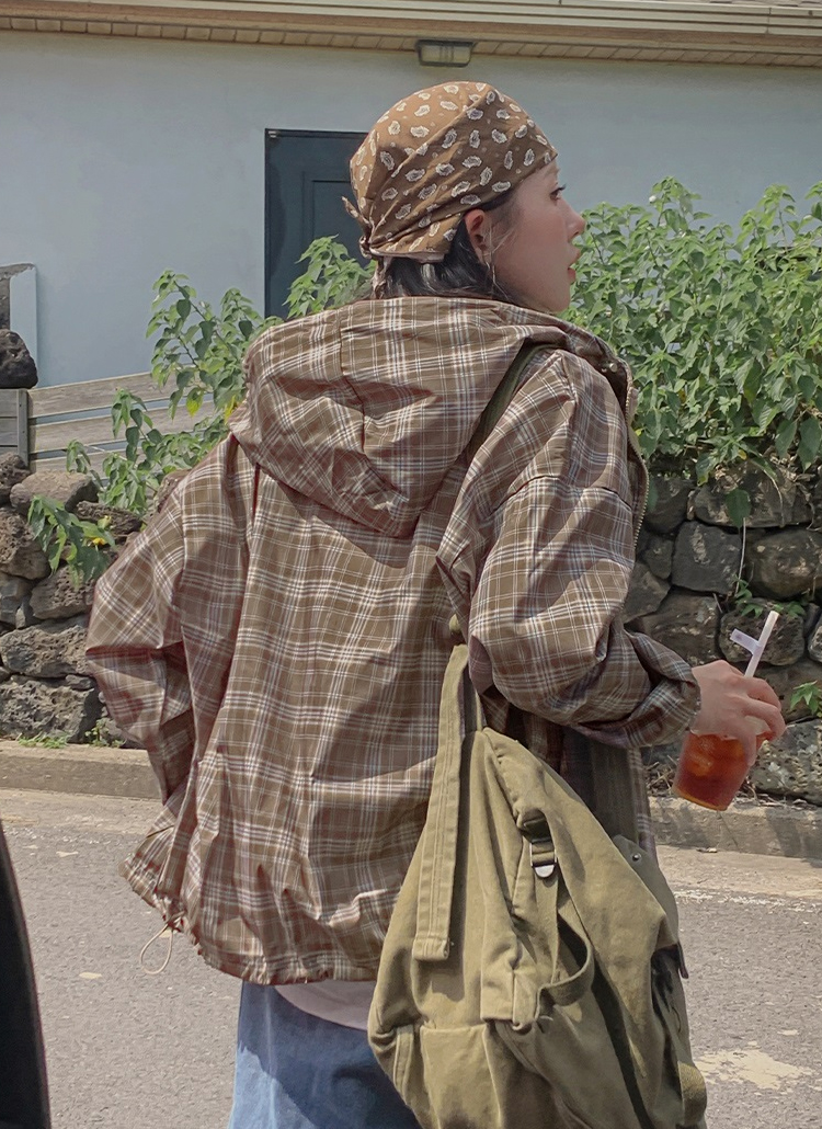 フードダブルジップオーバーサイズドローコードルーズチェックジップ