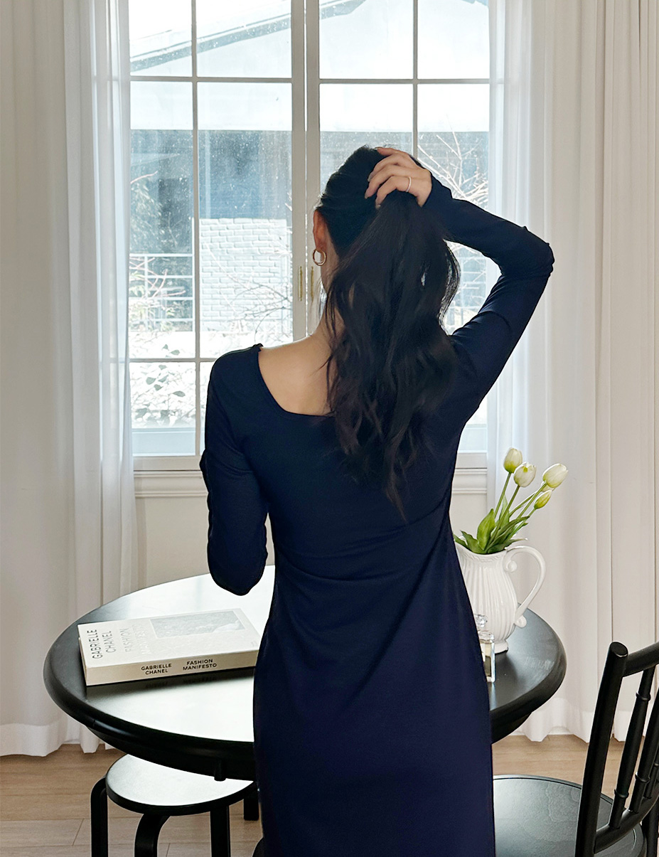 Drawer T-mat ロングワンピース　ネイビー 3TYPEスクエアネックロング長袖ワンピース | レディースファッション