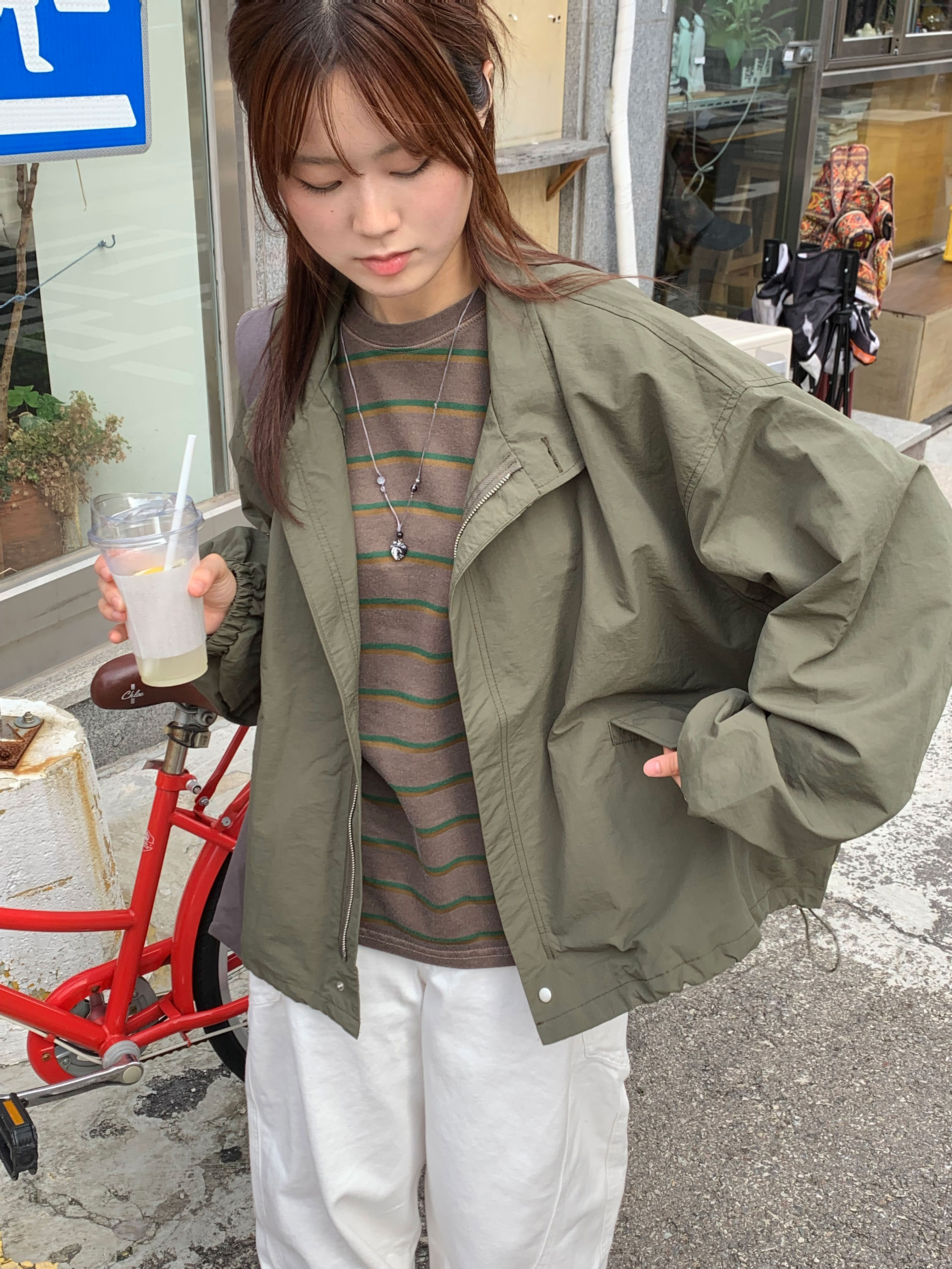 ナイロン長袖ルーズボクシードローストリングジャンパー | レディース
