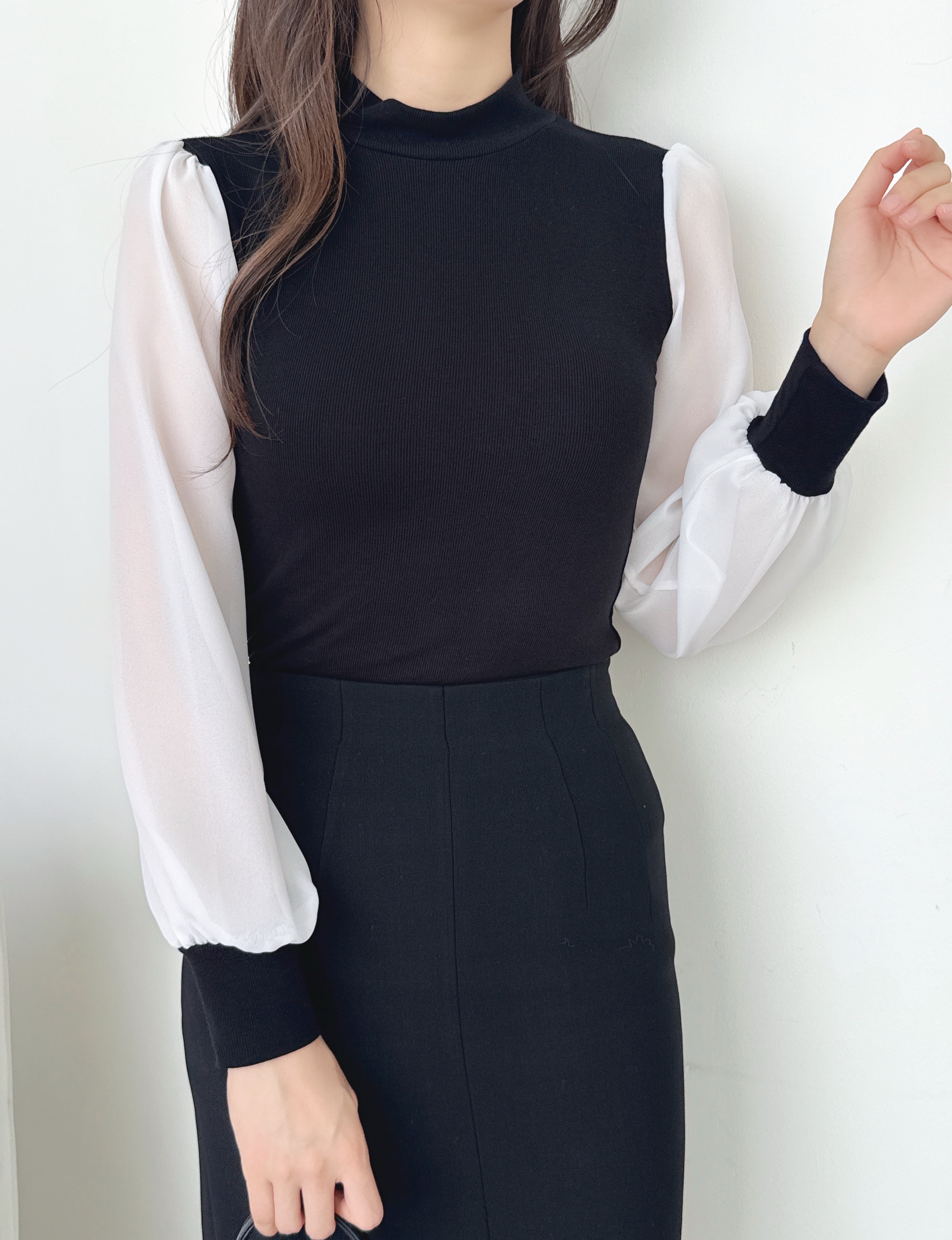 シフォンコンビラウンドネックハーフネックTシャツ | 詳細画像7