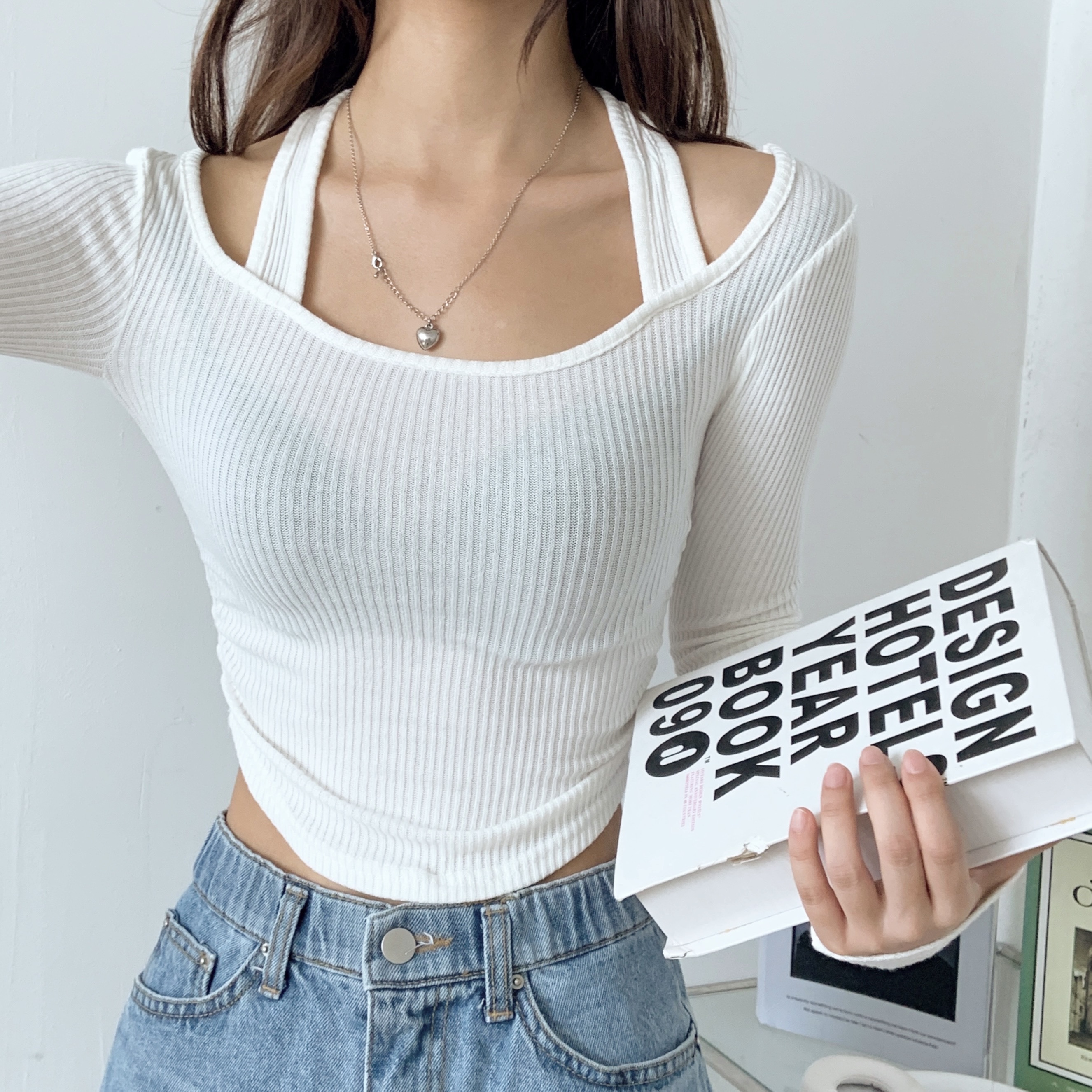 リブホルターネックスリムギャザーTシャツ | 詳細画像6