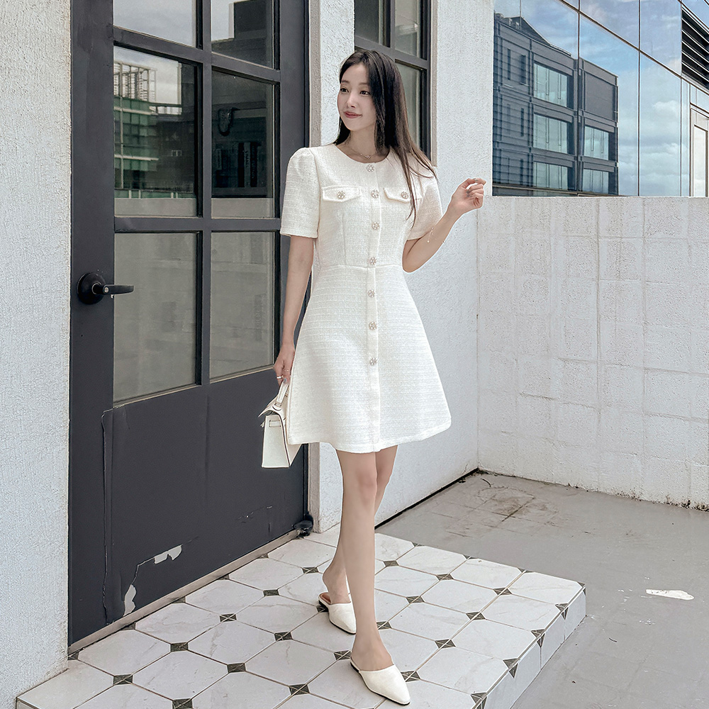 Lumignon ツイードワンピース ホワイト ワンピース/コンビネゾン | Lumignon