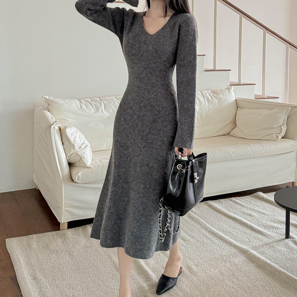 ニットリブVネックスリムロングワンピース | レディースファッション