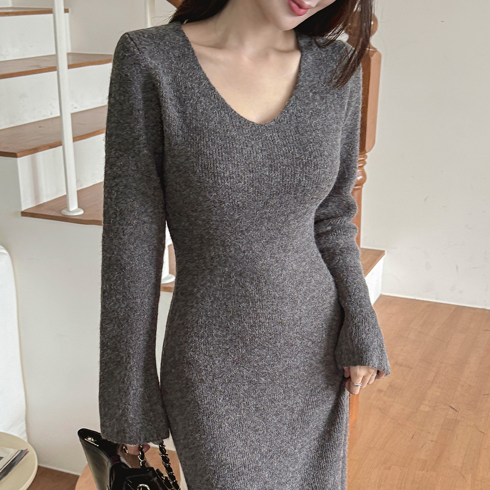 ニットリブVネックスリムロングワンピース | レディースファッション