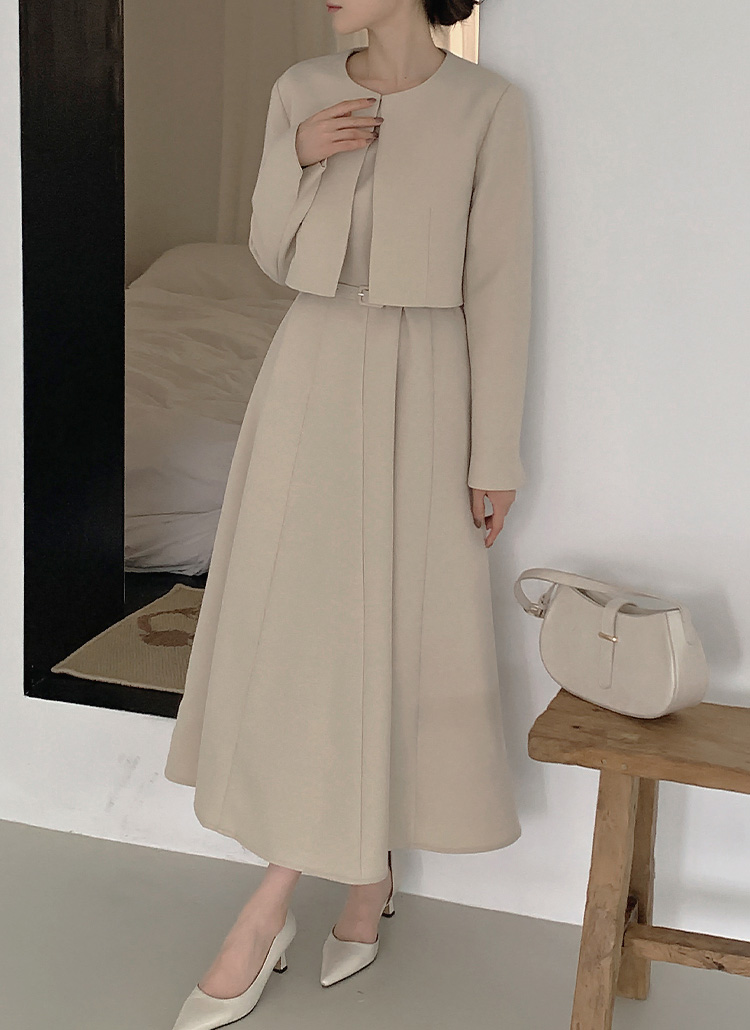 ベルト付ツイードスリムロング長袖ジップアップフレアラウンドネック