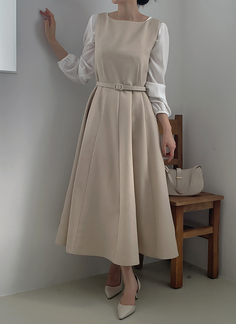 ベルト付ツイードスリムロング長袖ジップアップフレアラウンドネック