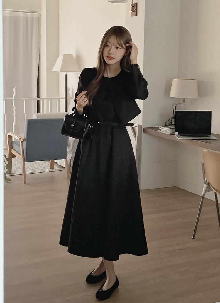 ベルト付ツイードスリムロング長袖ジップアップフレアラウンドネック