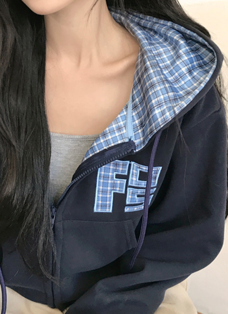 フードジップアップクロップドパッチチェック配色ジップパーカー