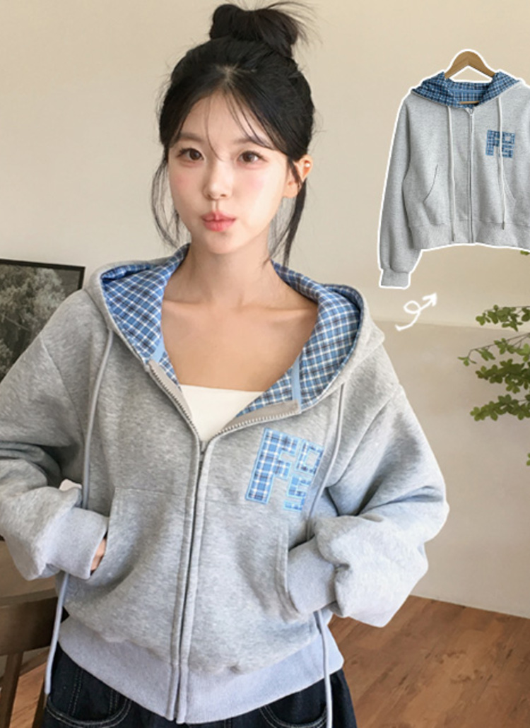 フードジップアップクロップドパッチチェック配色ジップパーカー