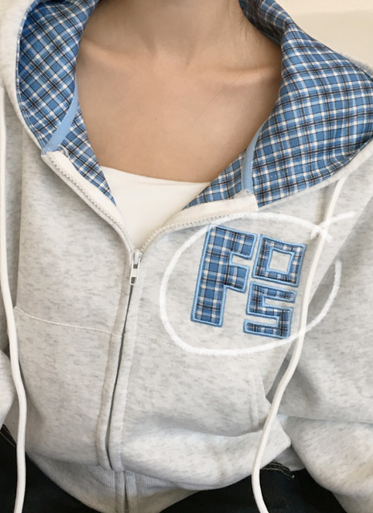 フードジップアップクロップドパッチチェック配色ジップパーカー