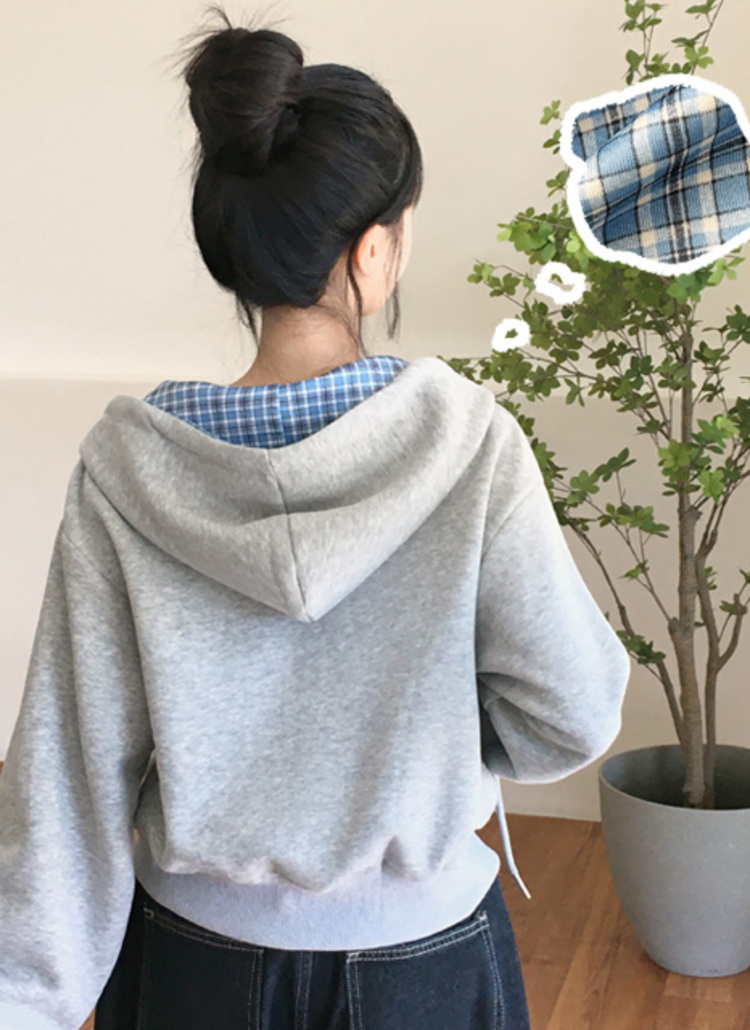 フードジップアップクロップドパッチチェック配色ジップパーカー