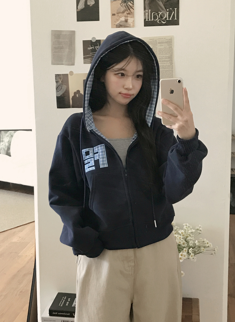 フードジップアップクロップドパッチチェック配色ジップパーカー
