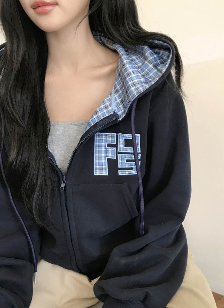 フードジップアップクロップドパッチチェック配色ジップパーカー