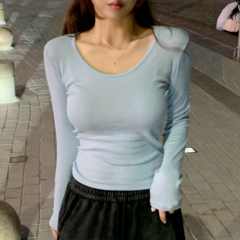 リブVネックラウンドネックスリットカラーTシャツ | レディース