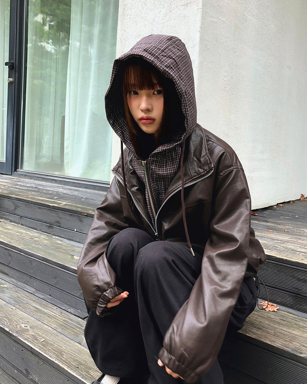 レイヤード風フードドローコードチェック配色ジャンパージップパーカー