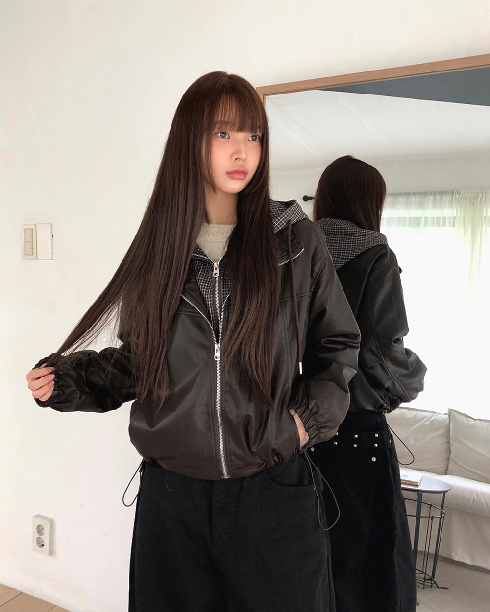 レイヤード風フードドローコードチェック配色ジャンパージップパーカー