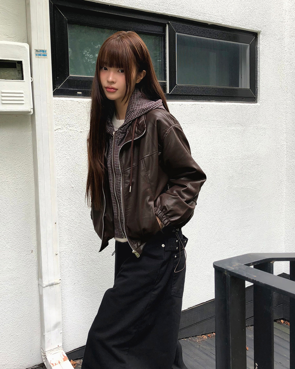 レイヤード風フードドローコードチェック配色ジャンパージップパーカー