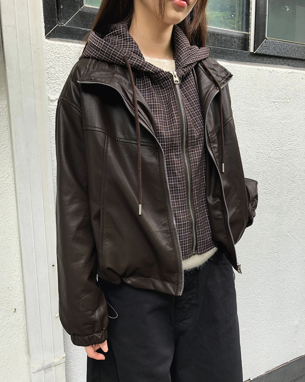 レイヤード風フードドローコードチェック配色ジャンパージップパーカー