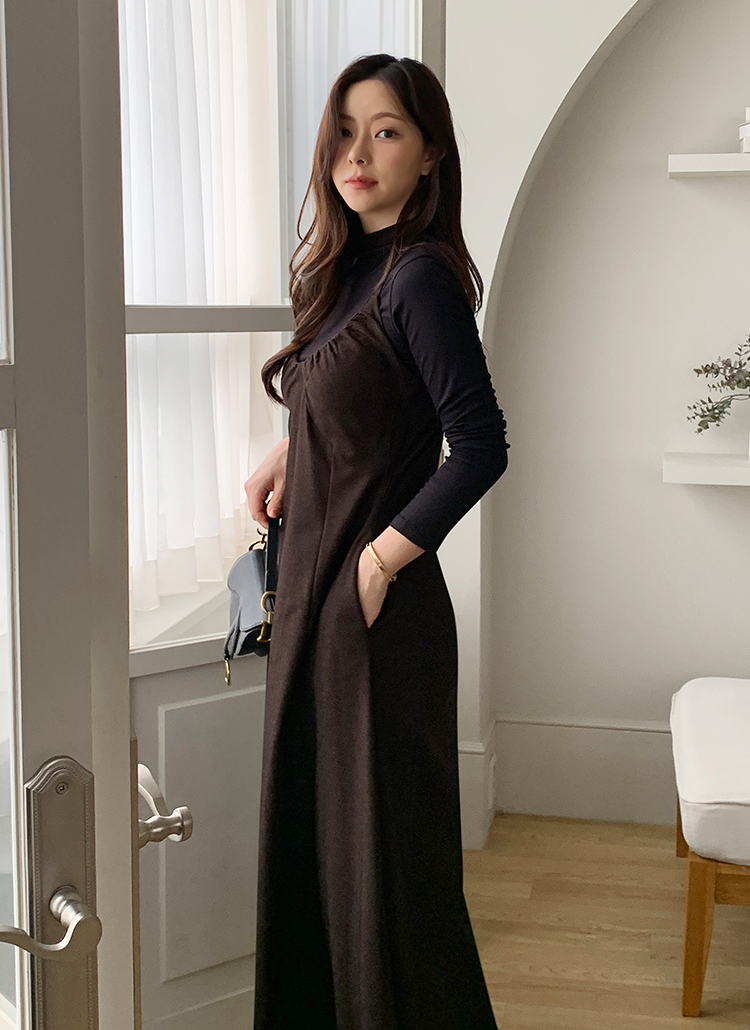 ジップアップハーフネックポケットスリムロング長袖ギャザー