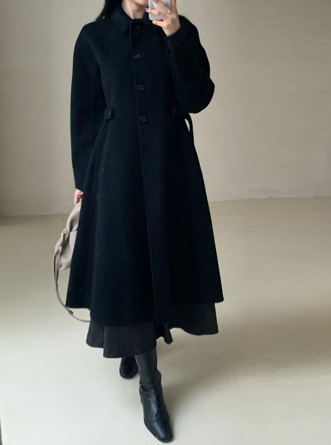 ウール混カシミヤ混ボタンカラーロングフレアコート | レディース