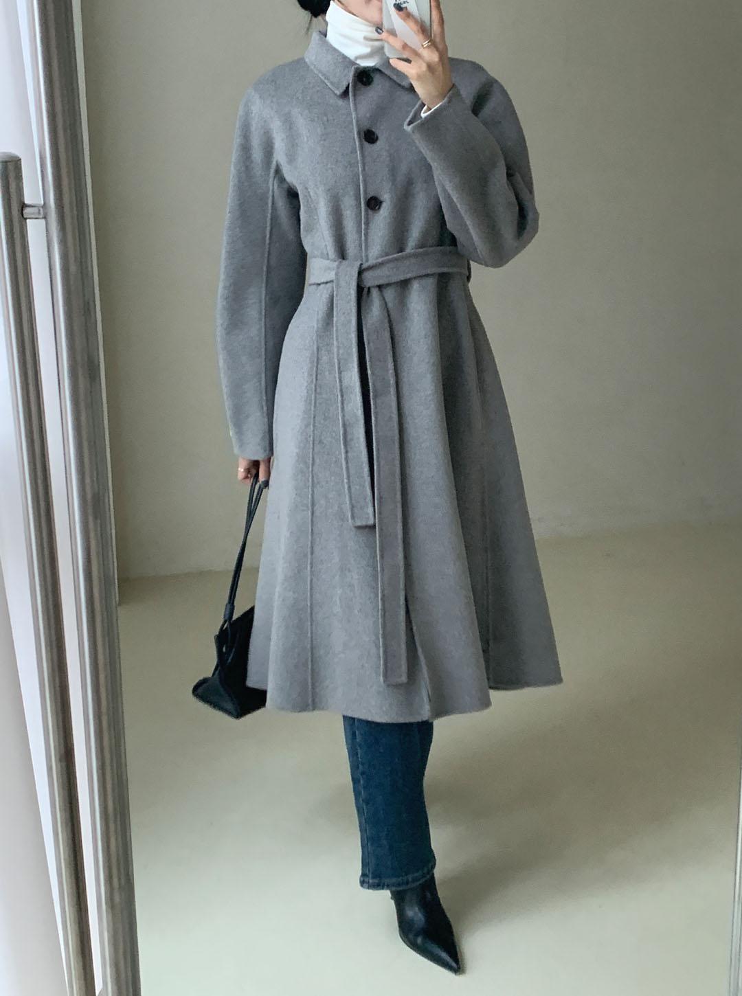 ウール混カシミヤ混ボタンカラーロングフレアコート | レディース