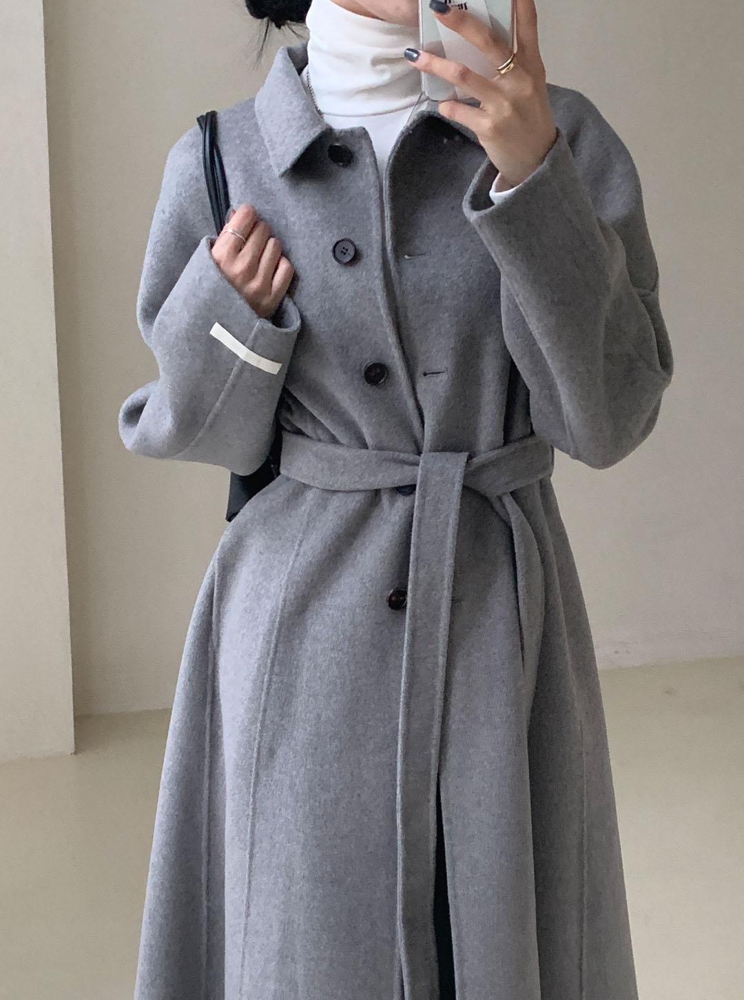 ウール混カシミヤ混ボタンカラーロングフレアコート | レディース