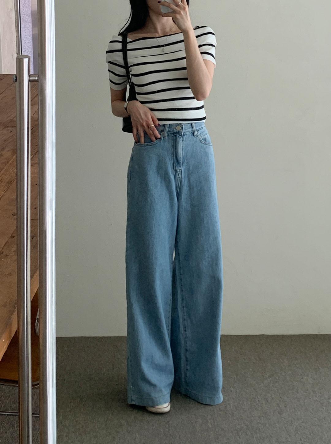 ワイドライトブルーディープブルーデニムパンツ | レディース
