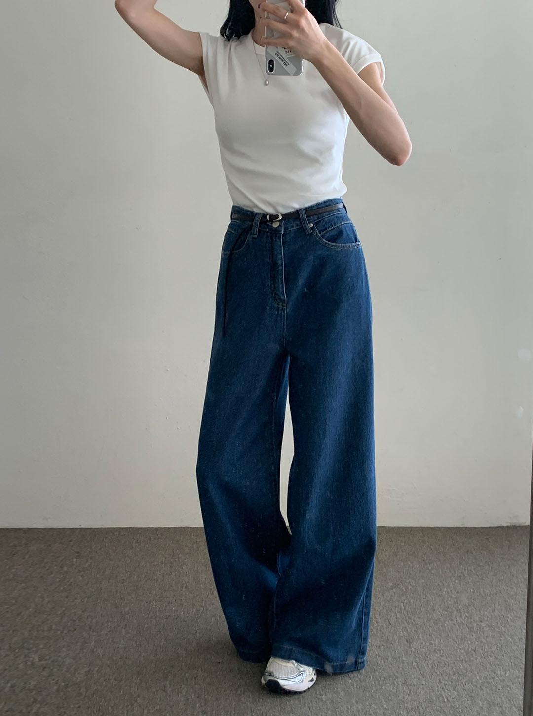 ワイドライトブルーディープブルーデニムパンツ | レディース