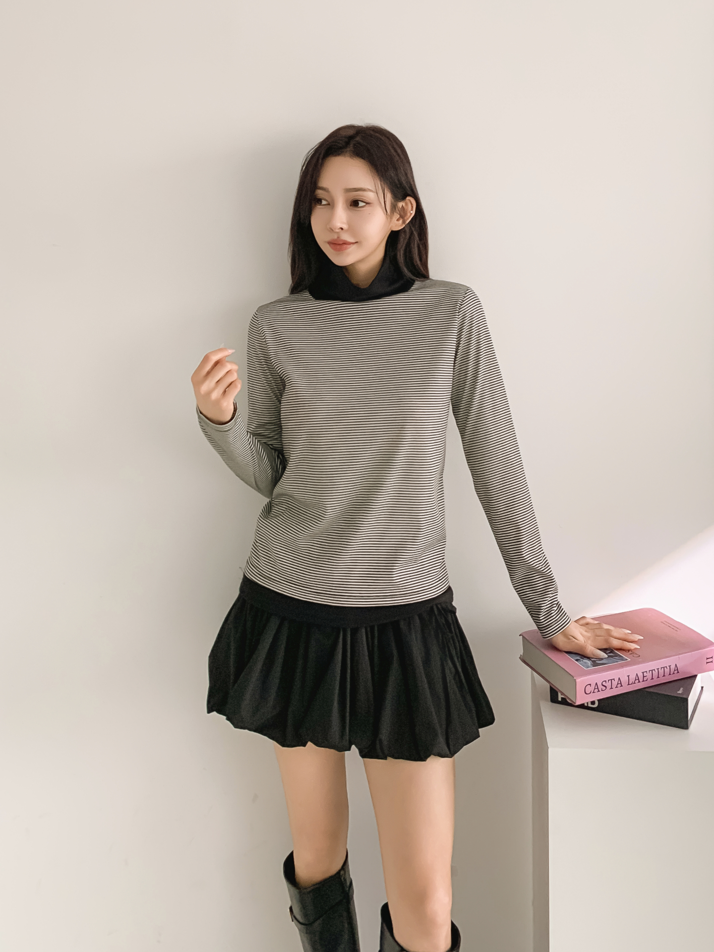 ストレッチタートルネックスリム長袖ボーダー配色Tシャツ | 詳細画像2