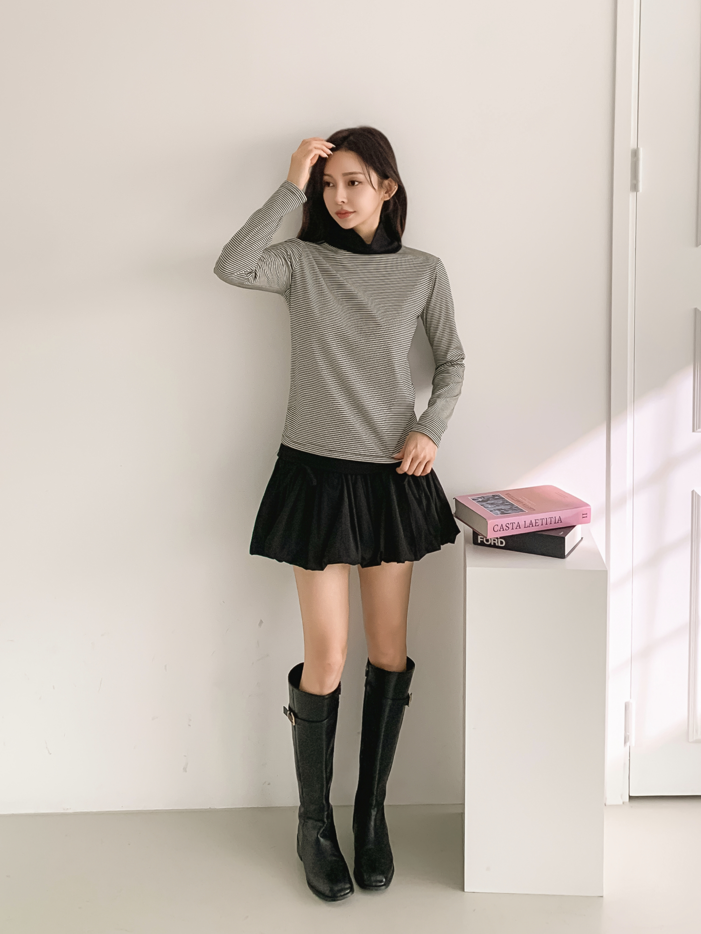 ストレッチタートルネックスリム長袖ボーダー配色Tシャツ | 詳細画像5