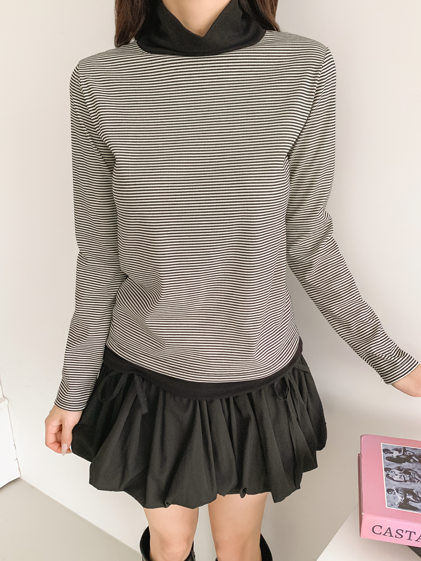 ストレッチタートルネックスリム長袖ボーダー配色Tシャツ | 詳細画像7