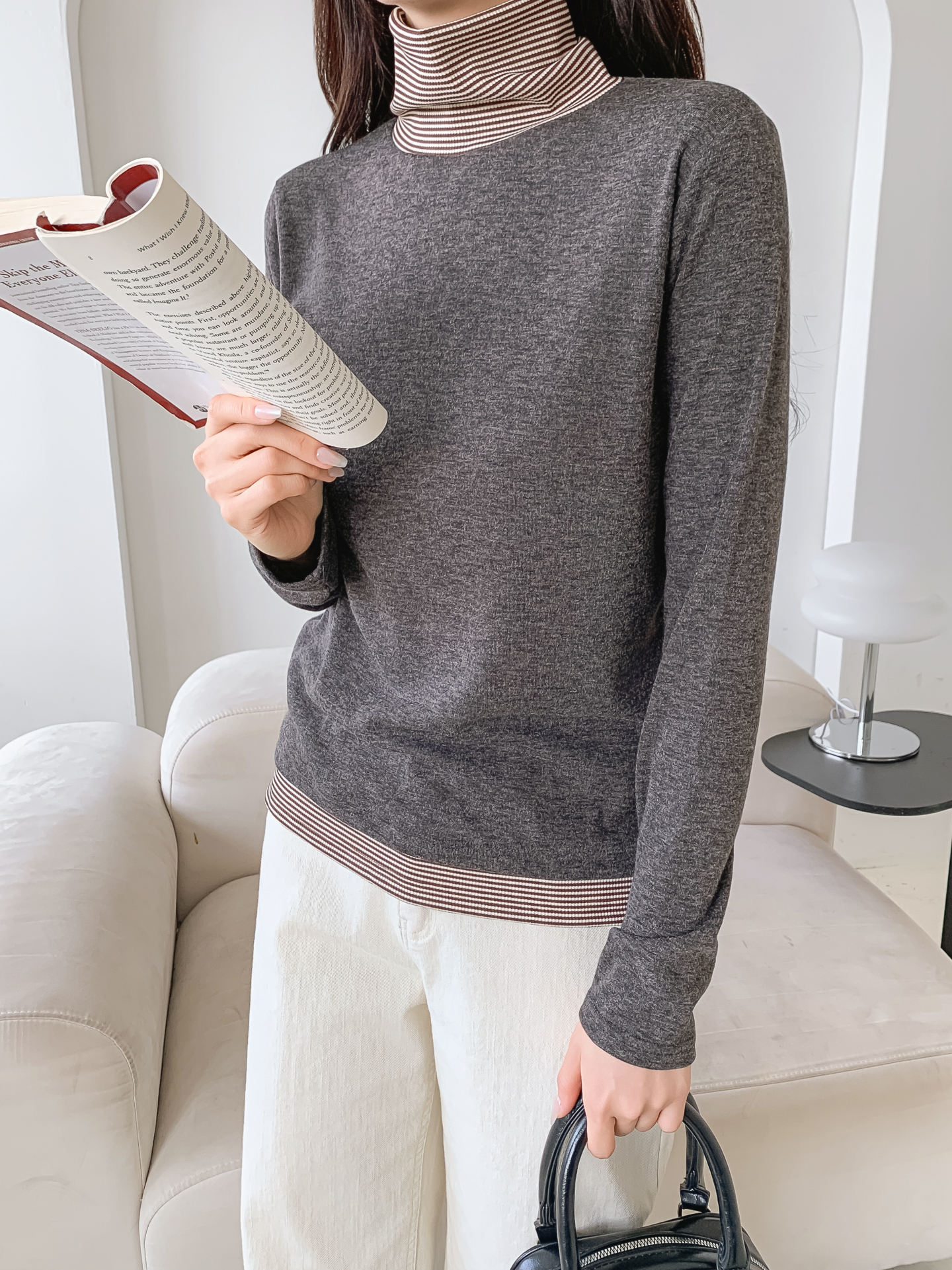 ストレッチタートルネックスリム長袖ボーダー配色Tシャツ | 詳細画像20
