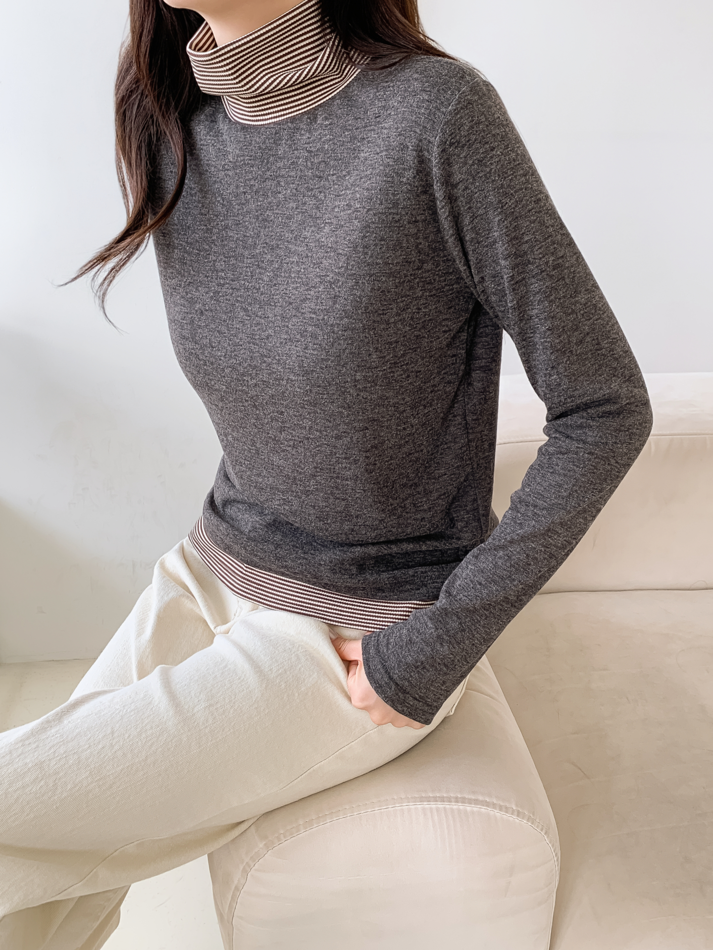 ストレッチタートルネックスリム長袖ボーダー配色Tシャツ | 詳細画像21