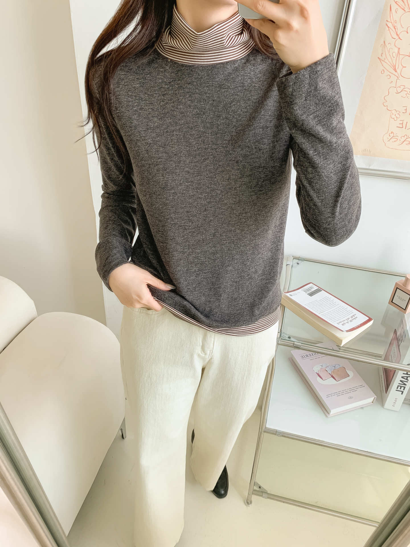 ストレッチタートルネックスリム長袖ボーダー配色Tシャツ | 詳細画像22