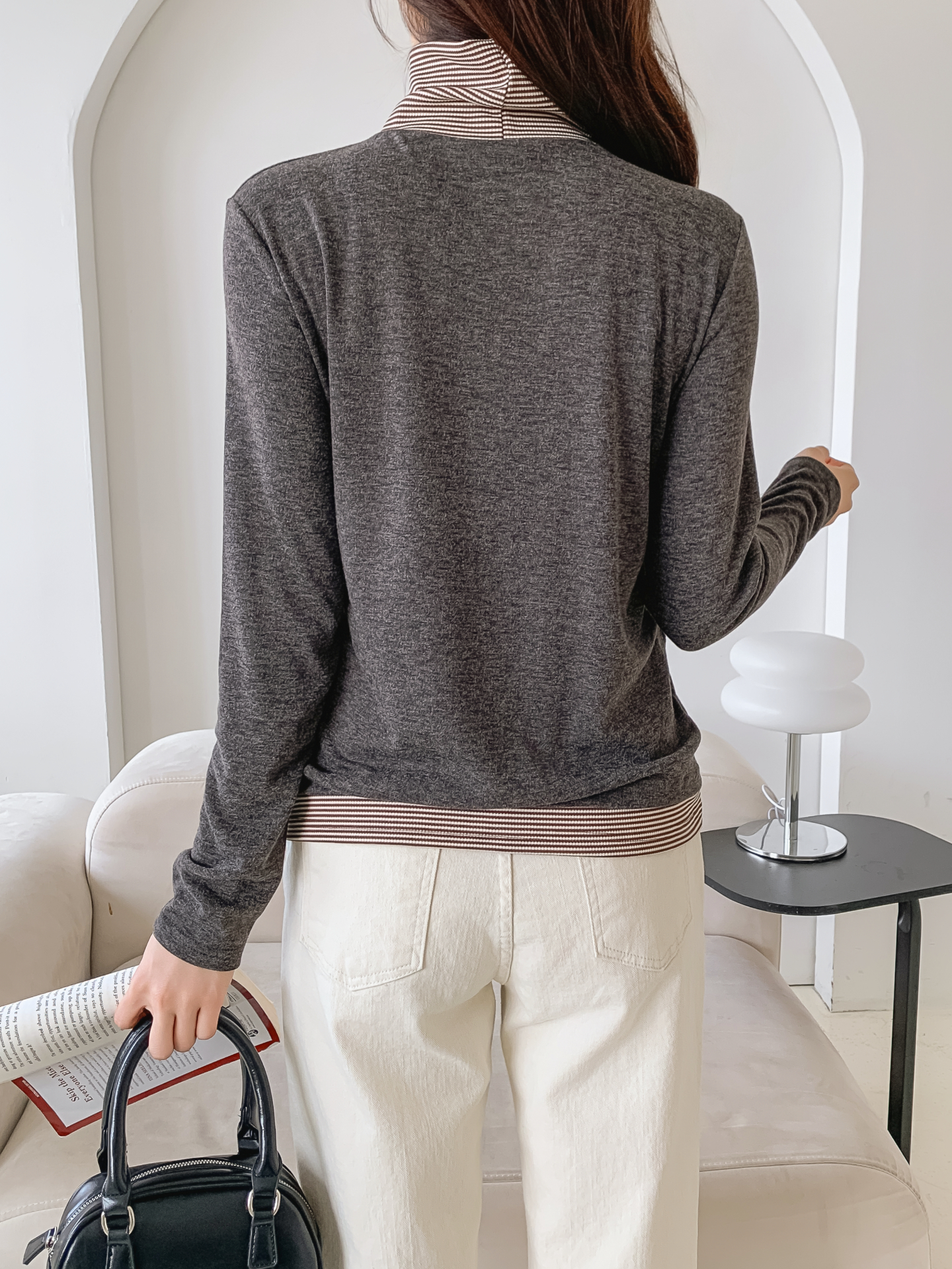 ストレッチタートルネックスリム長袖ボーダー配色Tシャツ | 詳細画像12