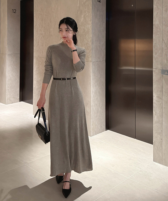 ベルト付ニットウール混スリムロング長袖ワンピース | レディース