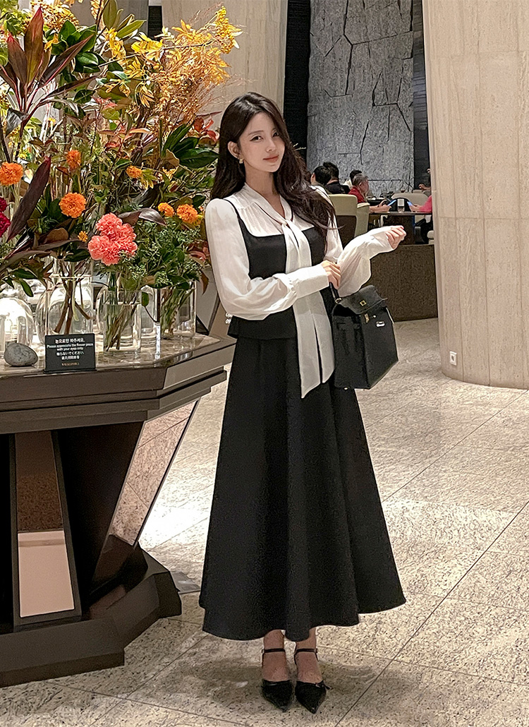 ジップアップボウタイロング長袖ツータックフレアセットアップスカート