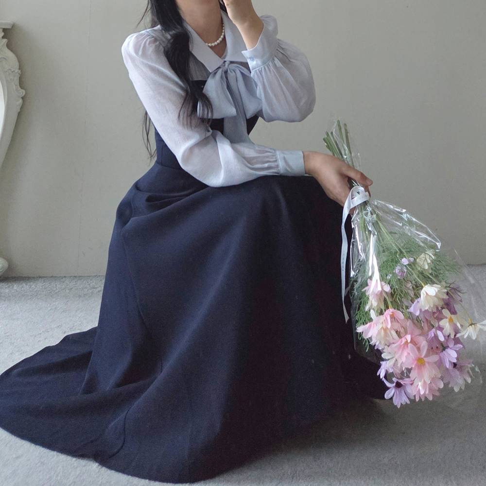 コンビシースルーフレアカラーボウタイパフスリーブワンピース