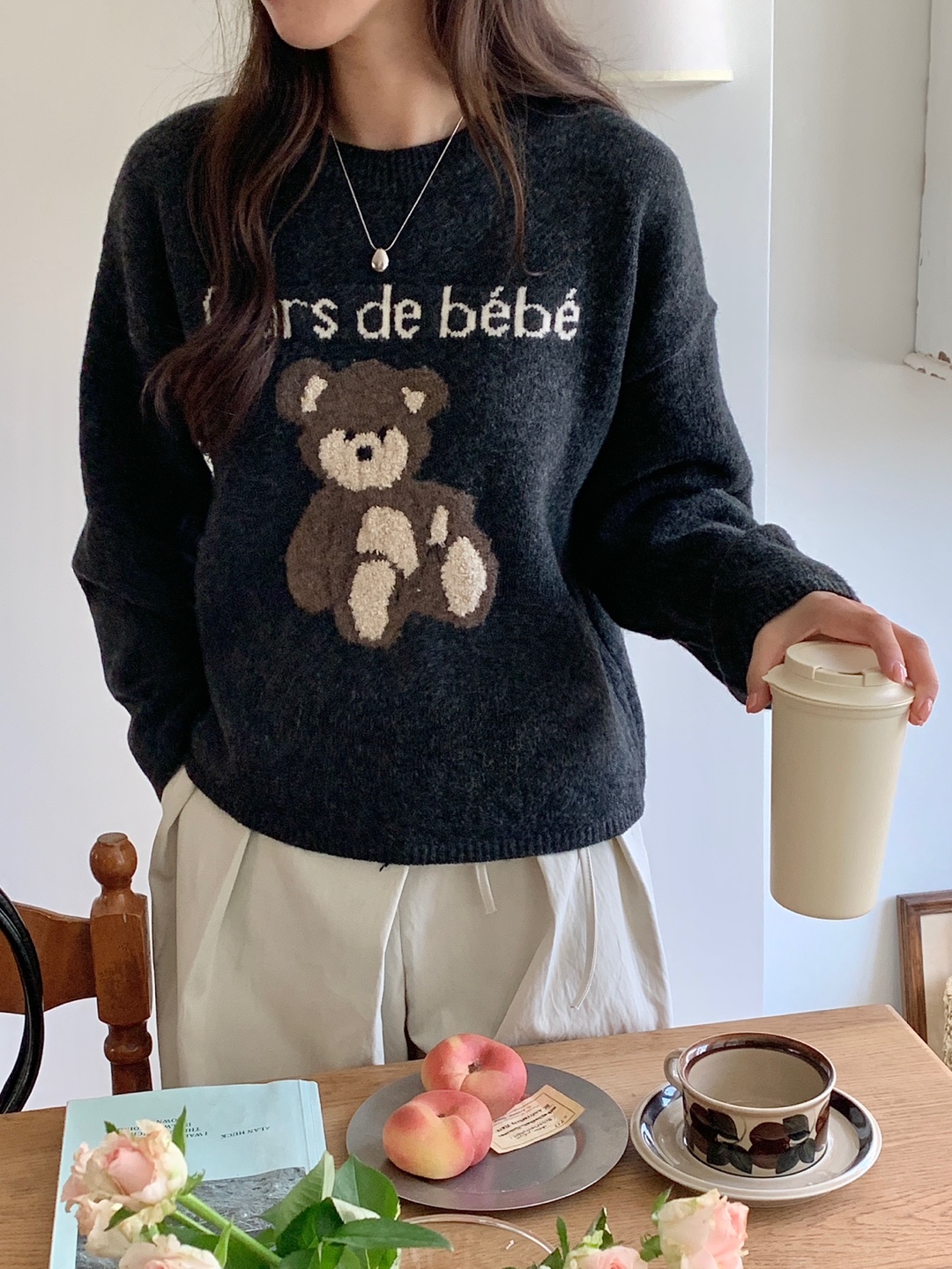 ラウンドネック長袖刺繍ベアニット | 詳細画像3