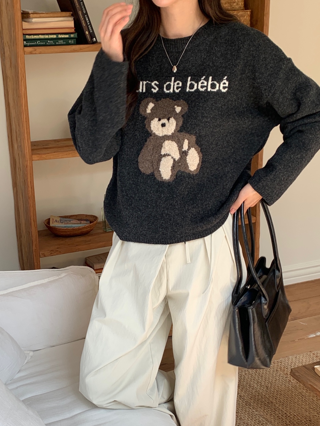 ラウンドネック長袖刺繍ベアニット | 詳細画像11
