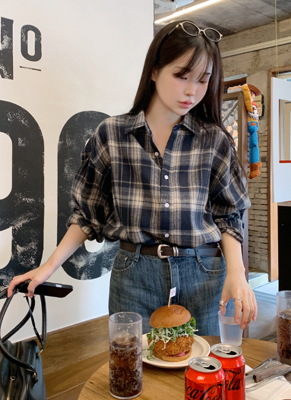 長袖カラーボタンルーズチェックシャツ | レディースファッション通販