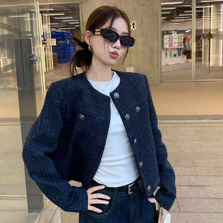 ツイードボタンノーカラーゴールドボタンクロップド長袖ラウンドネック