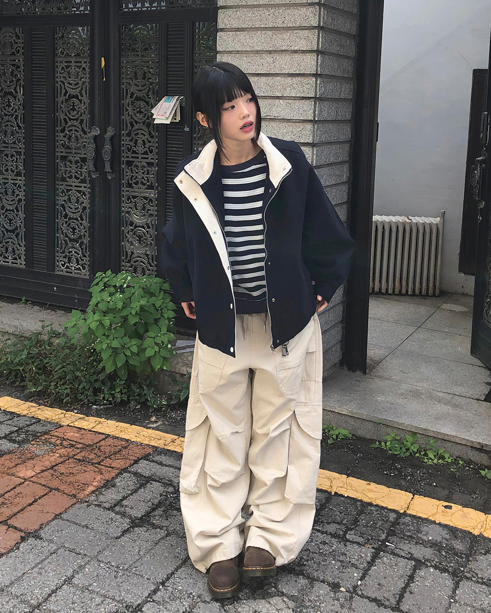 オーバーサイズハイネックスナップボタンドローストリング配色