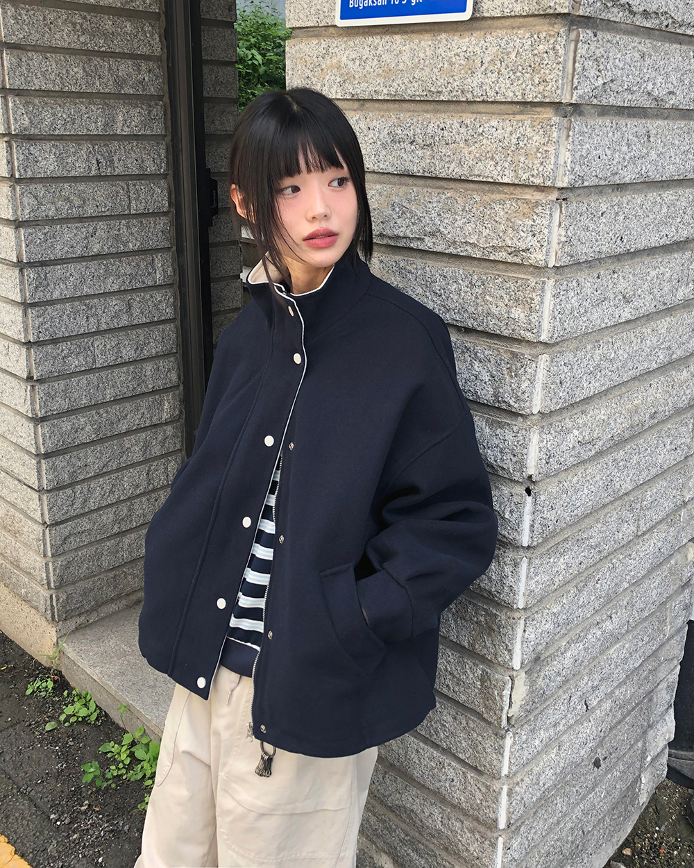 オーバーサイズハイネックスナップボタンドローストリング配色