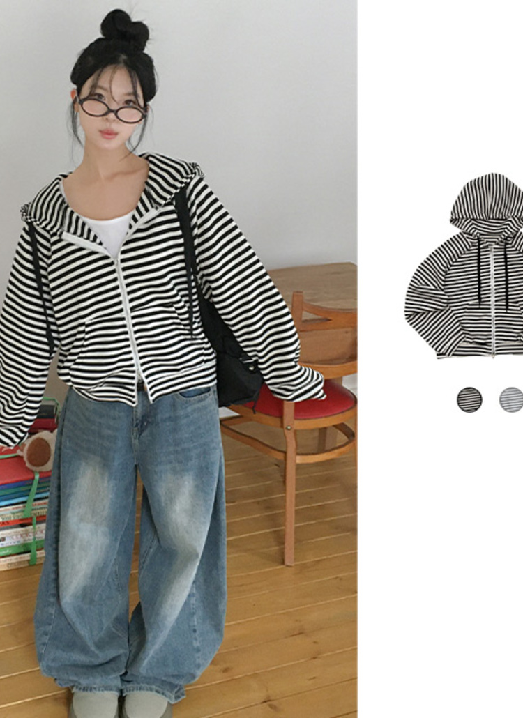 ダブルジップフードドローストリングポケットルーズボーダージップ